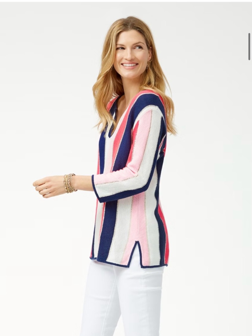 Tommy Bahama Vitti Vines Split neck XS Women’s  Red Navy Pink stripe  Tunic